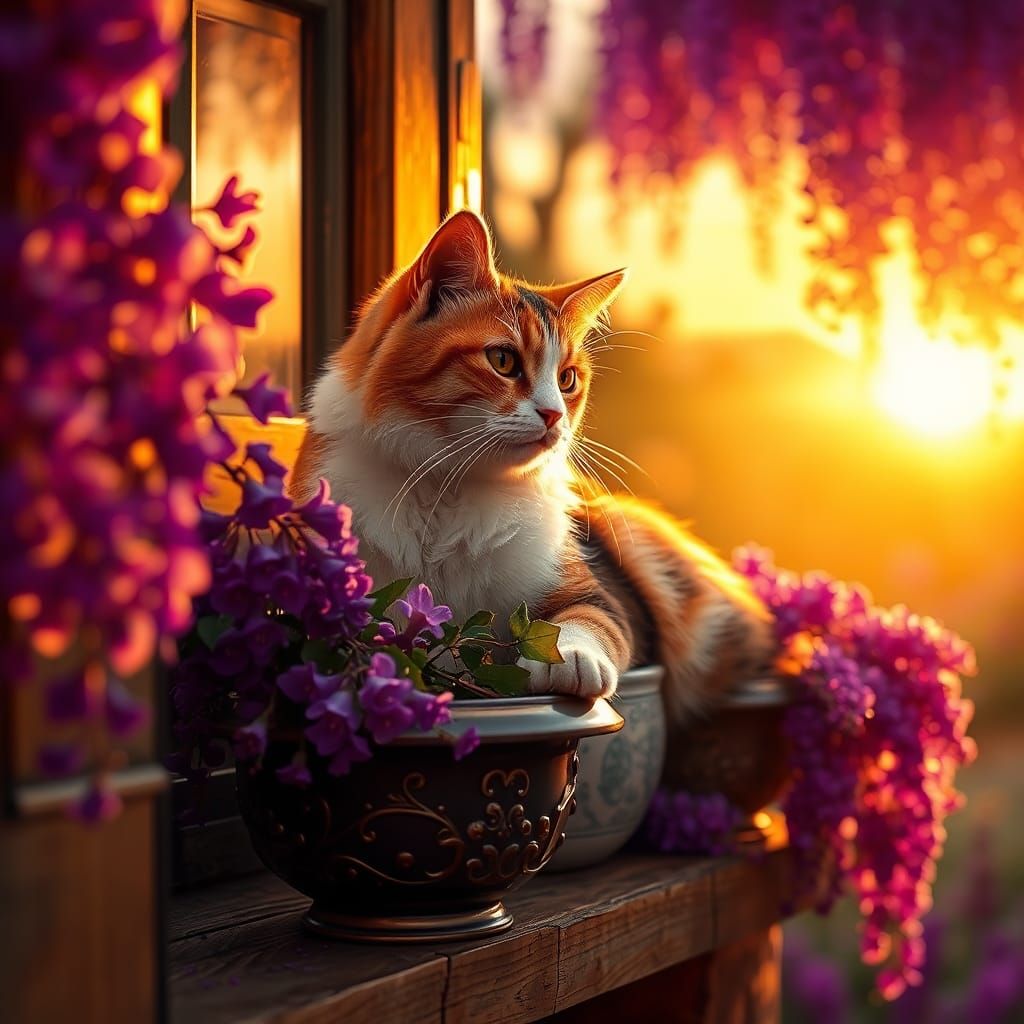 Calico Cat Lounging Among Wisteria in Sunset Light