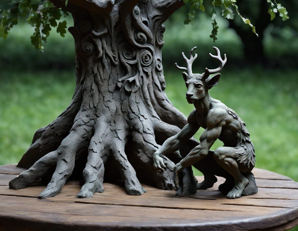 Clay Faun Sculpture Beside an Old Oak Tree