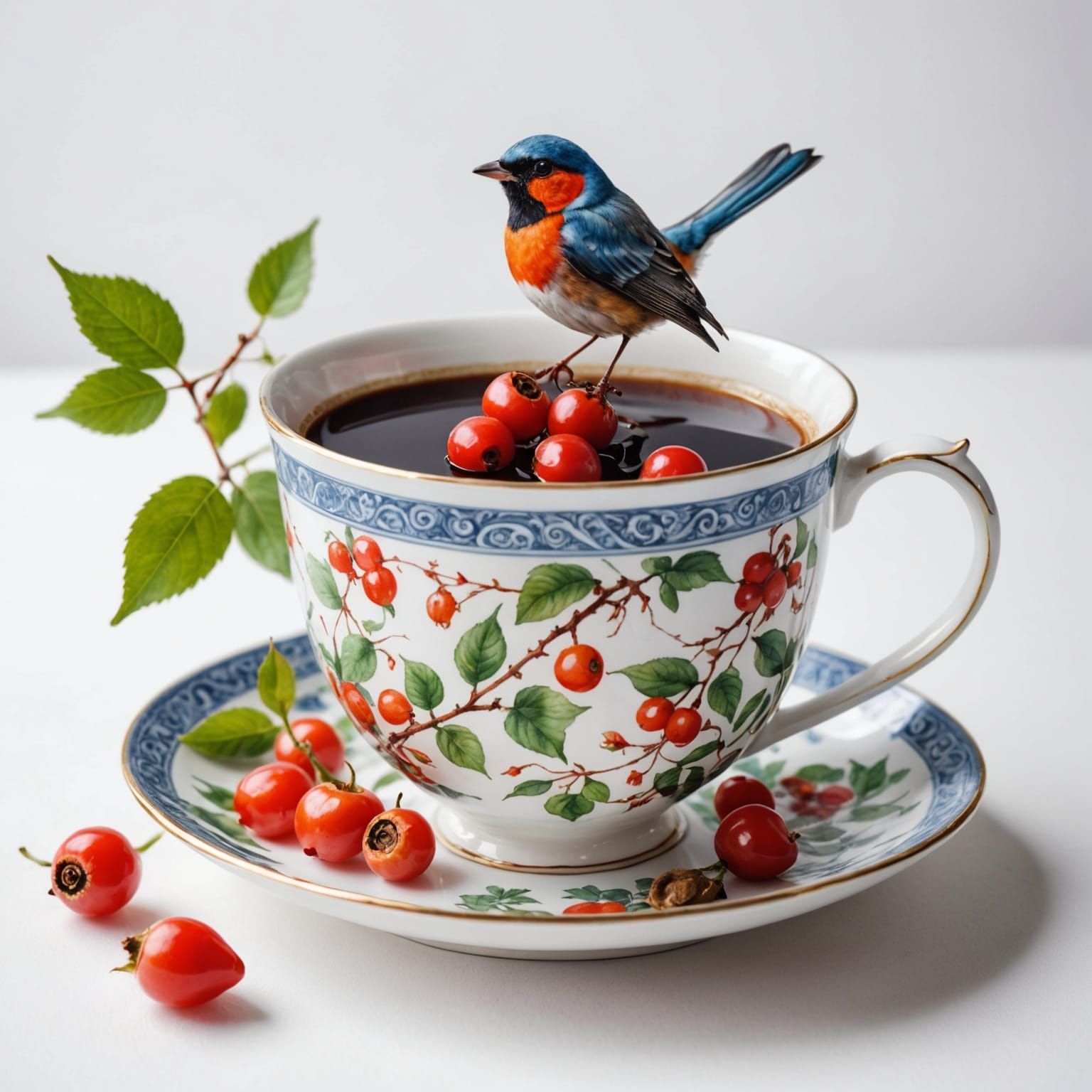 Coffee Cup with Bird and Rosehip Pattern on White