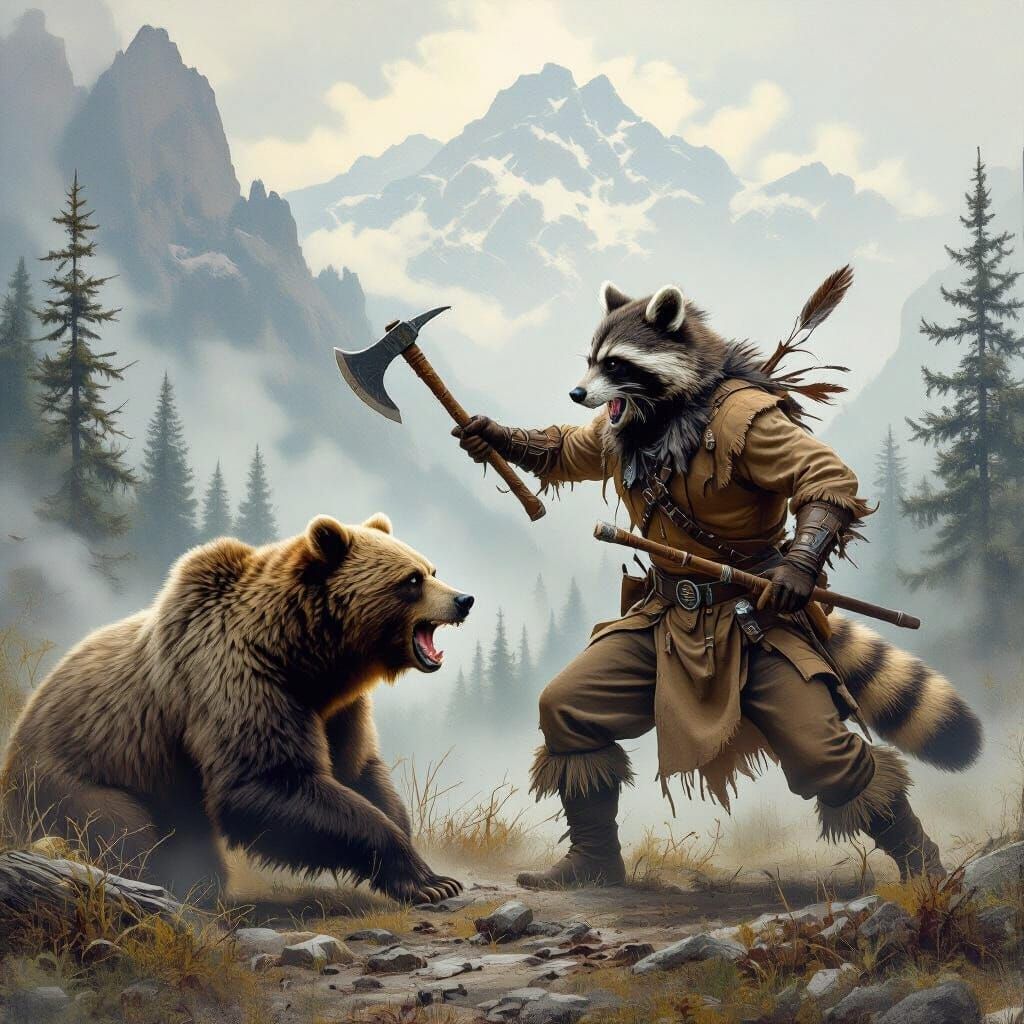 Raccoon Man Battles Bear in Western Landscape