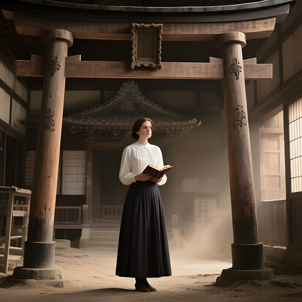 Photorealistic Woman Reads Book Under Torii Gate