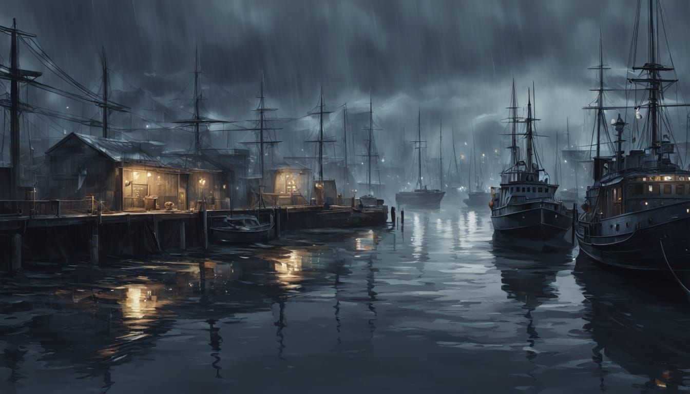 Gloomy Seaport at Dusk with Reflecting Lights