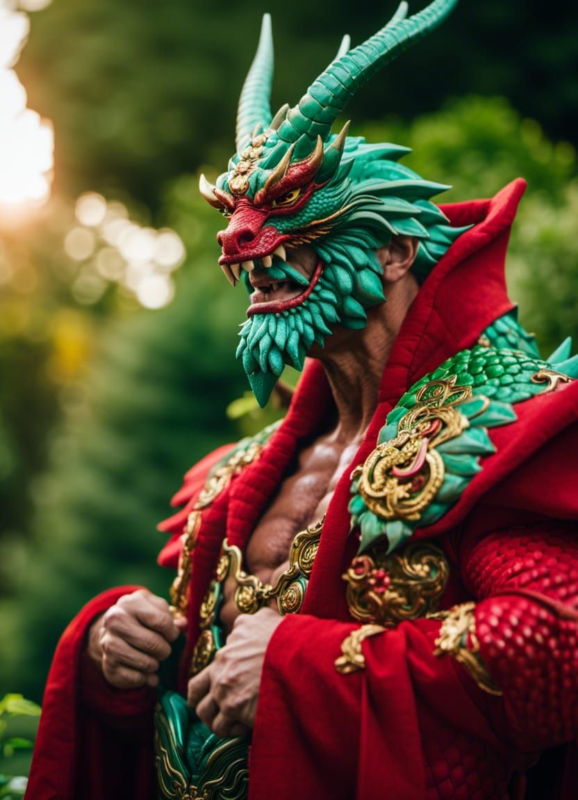 Beefy Dragon Bodybuilder Flexing in Garden