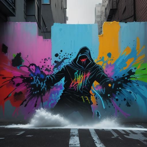 Hooded Figure in Graffiti Alleyway Splash Art