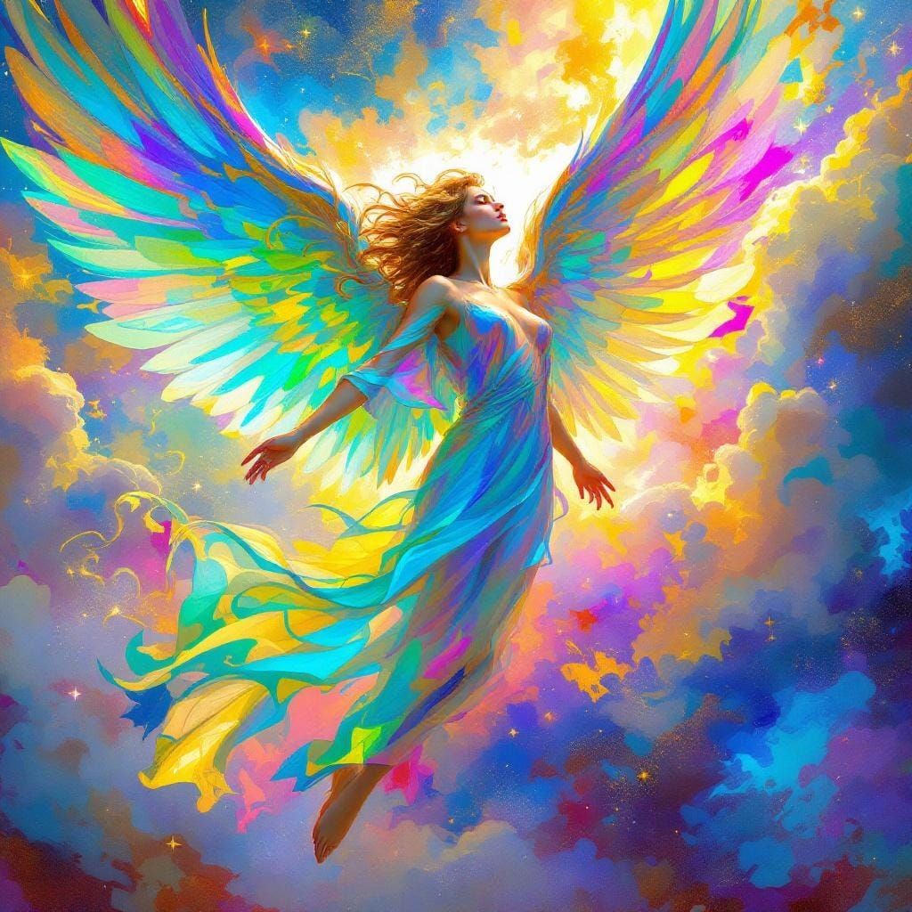 Iridescent Angel in Art Nouveau Style