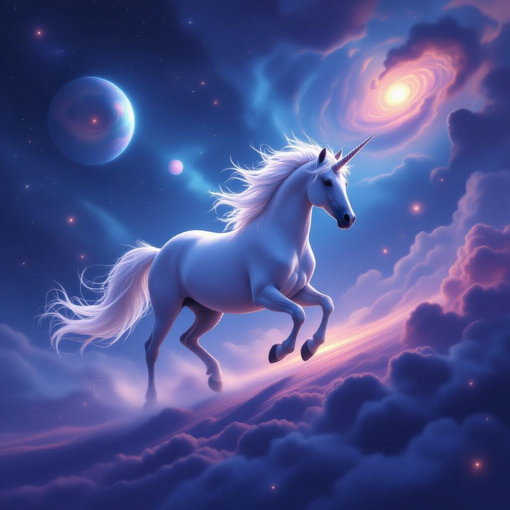 Majestic Unicorn Gallops Through Nebula Sky