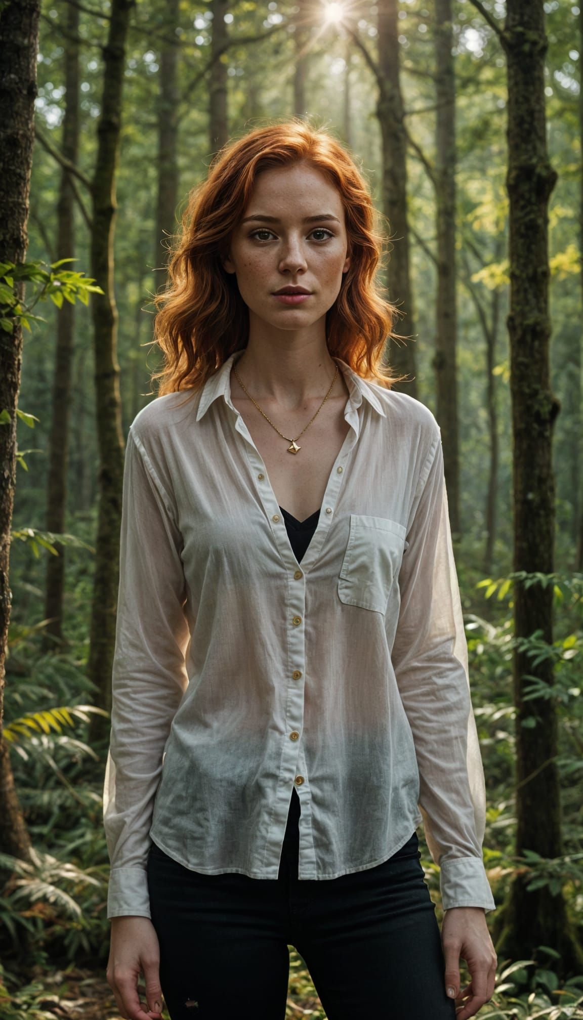 Redhead Woman with Green Eyes in Forest