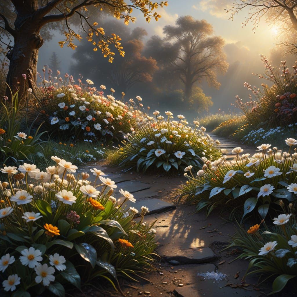 Hyper-Realistic Spring Garden of Eden in Soft Focus