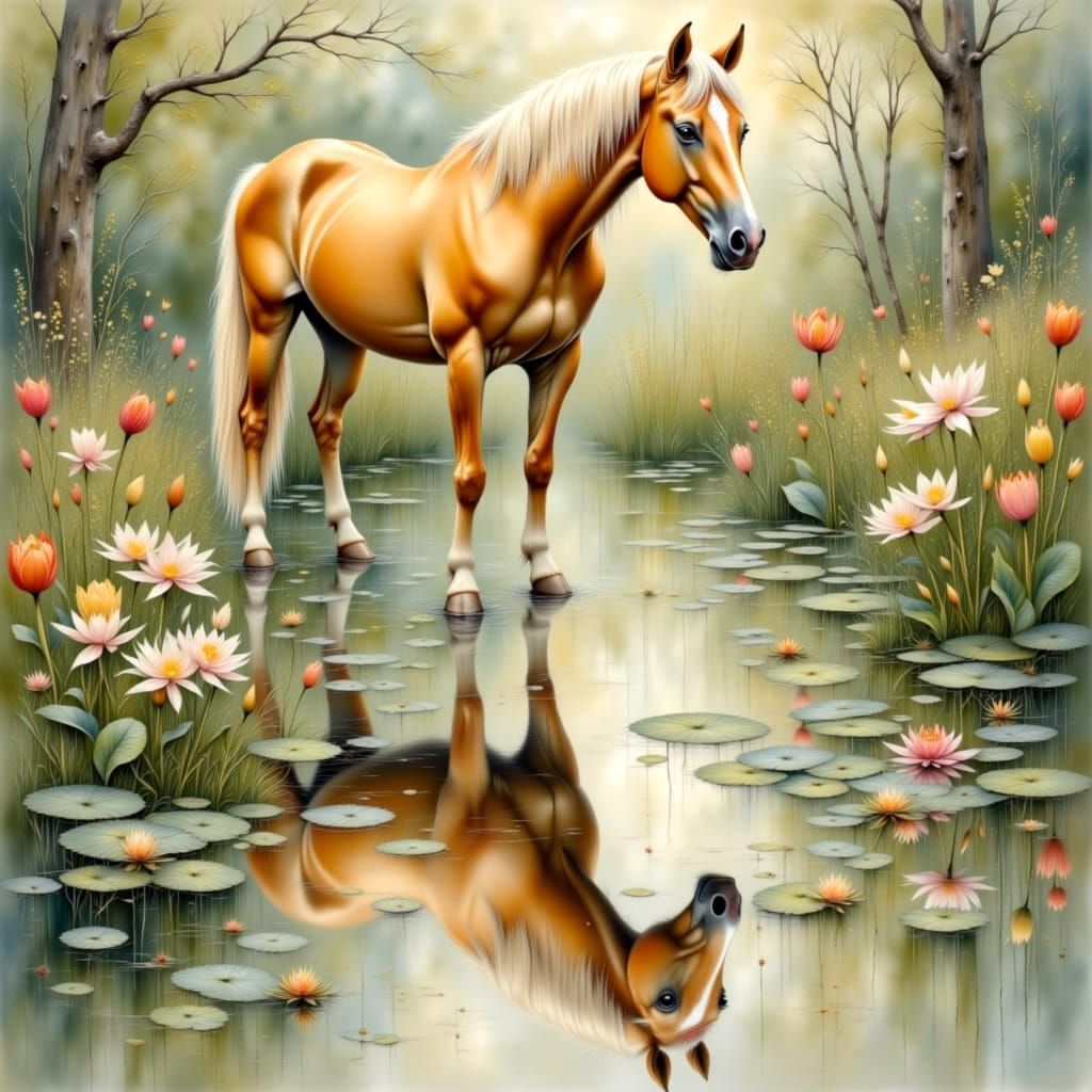 Hyperrealistic Palamino Horse Reflection on Lily Pond Painti...