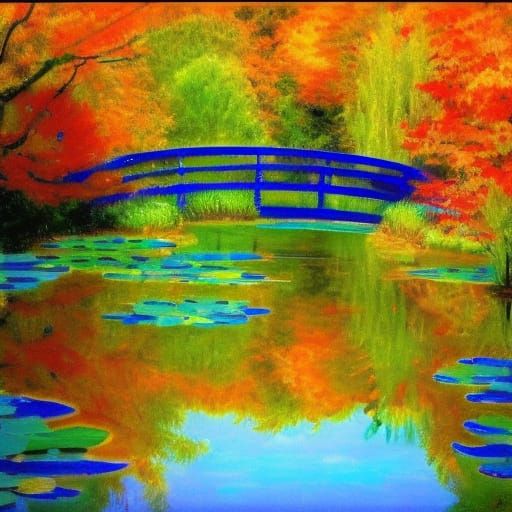 Water Garden with Japanese Bridge in Impressionistic Style