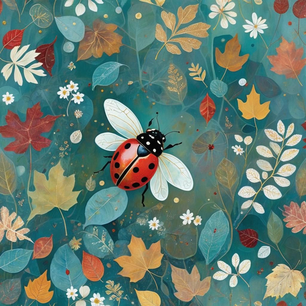 Autumn Ladybug in Swamp, Klimt-Inspired Illustration