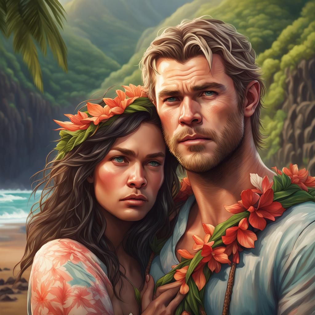 Hawaiian Girl Cuddling in Waipio Valley: Digital Art Portrai...