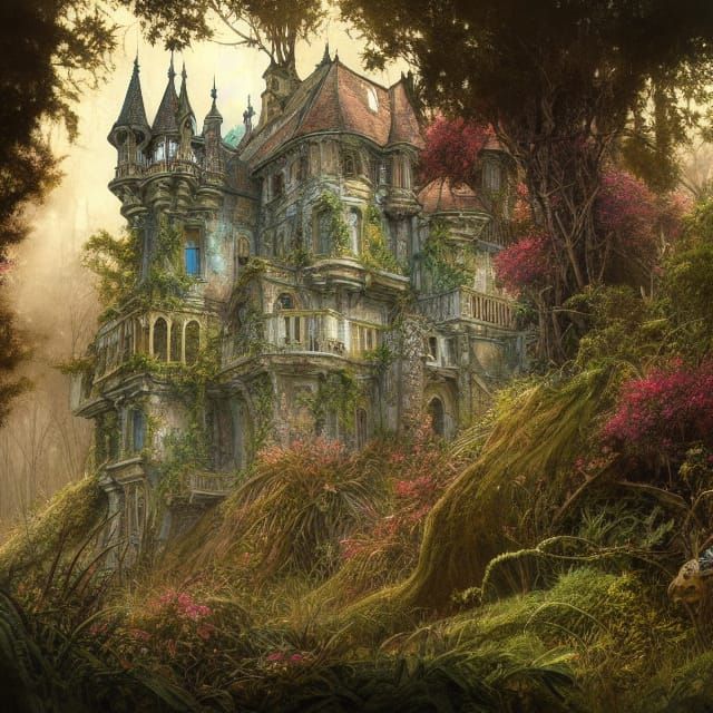 Overgrown Abandoned Castle with Fractal Iridescence