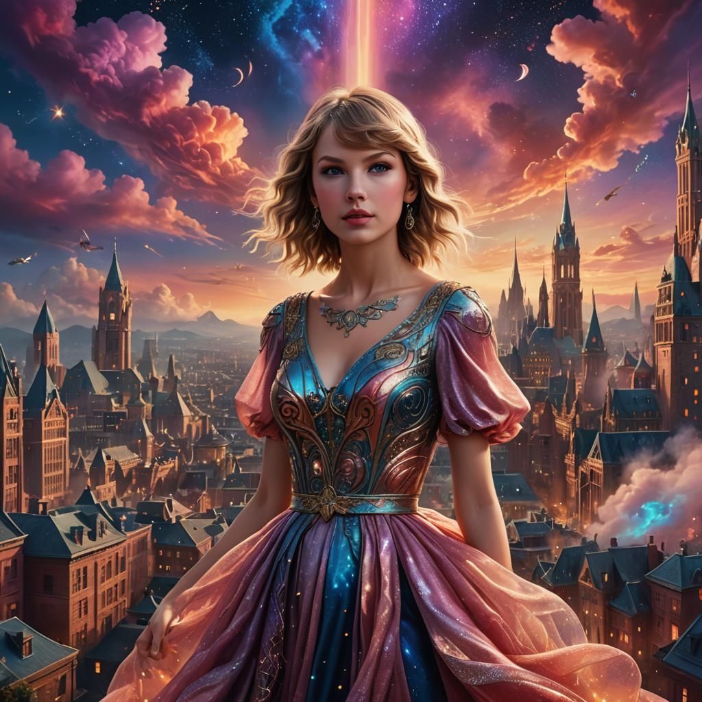 Taylor Swift on Stage in Fantasy Cityscape