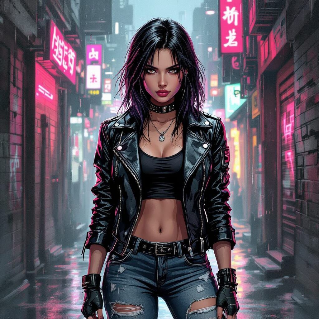 Cyberpunk Girl in Gritty Ink & Charcoal Style