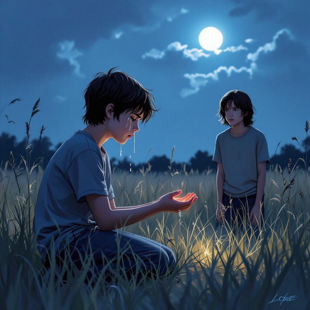 Boy Cries Looking at Hand in Moody Night Field