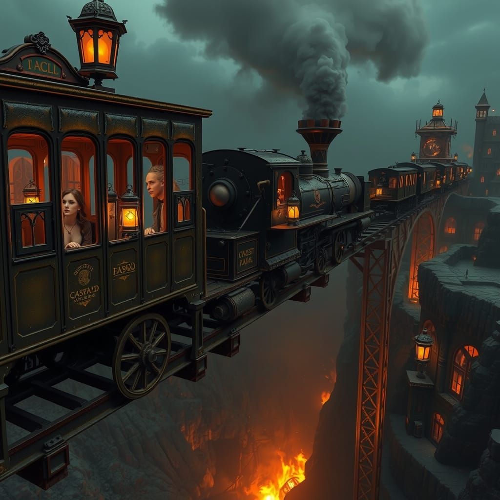 Steampunk Ghost Train Teeters Over Fiery Ravine in Ultrareal...
