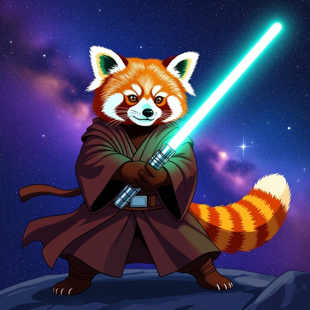 A red panda Jedi with a lightsaber
