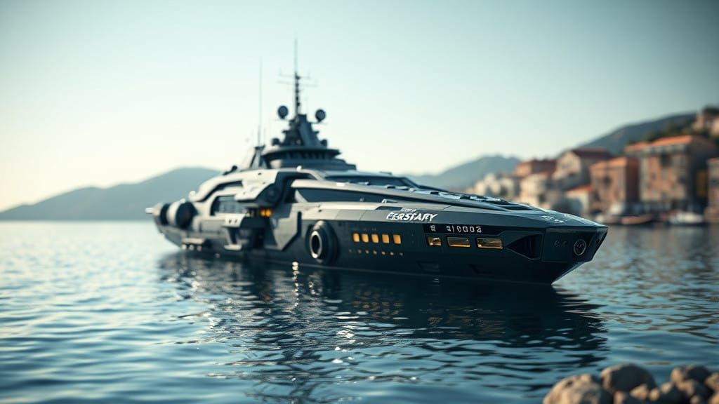 Cyberpunk Yacht Anchored in Mediterranean Serenity