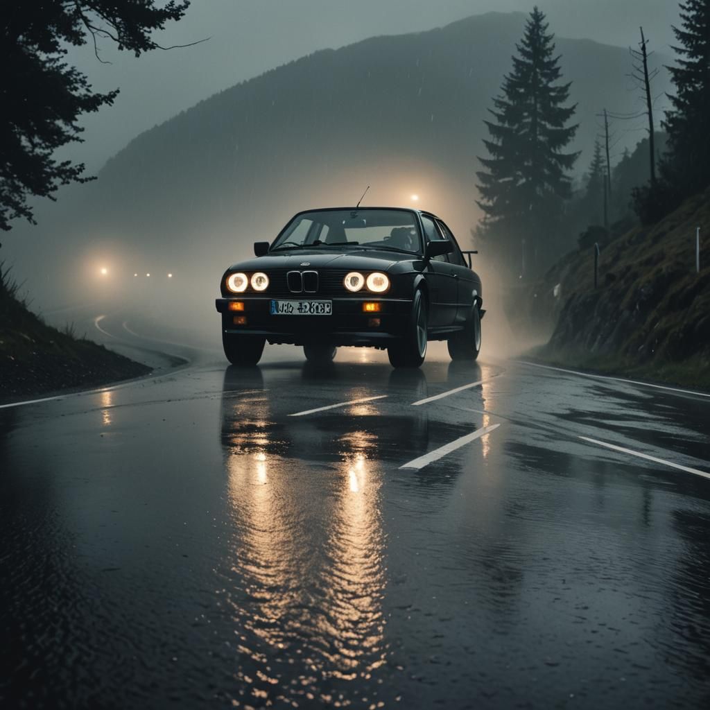 Black BMW E30 on Misty Mountain Road