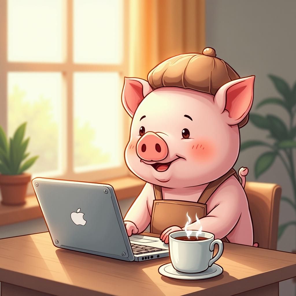 Pig Working on MacBook in Manga Anime Style