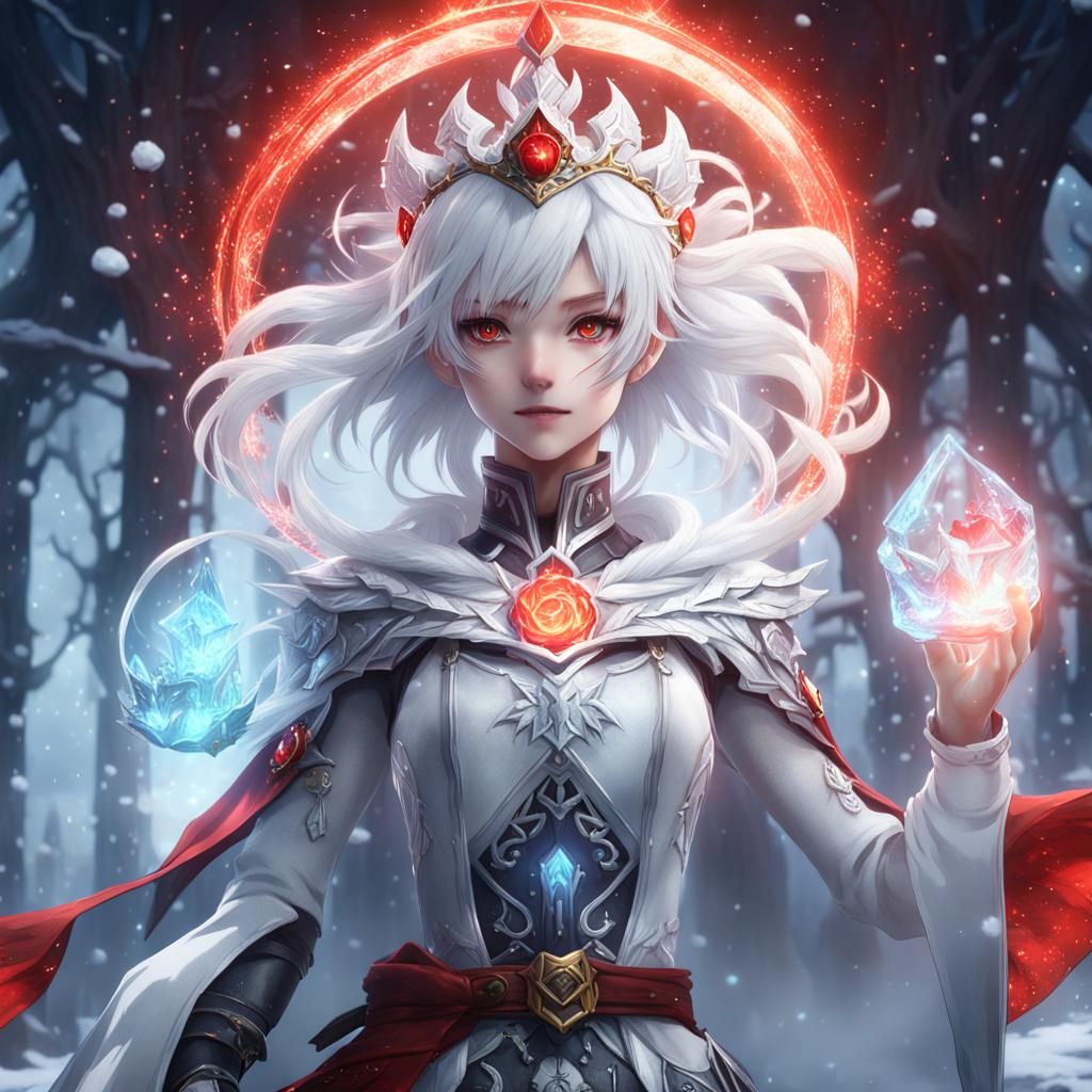 Anime Ice Mage with White Hair and Red Eyes
