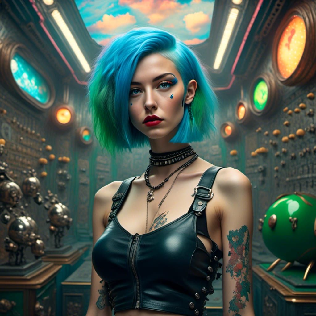 Beautiful Punk Girl with Blue Hair in Pop Surrealism