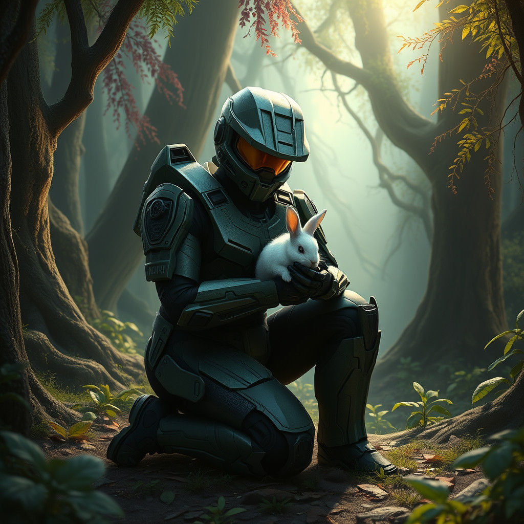 Halo Spartan with Rabbit in Enchanted Forest