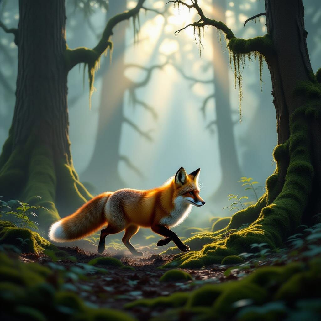 Intelligent Fox in Foggy Ancient Forest