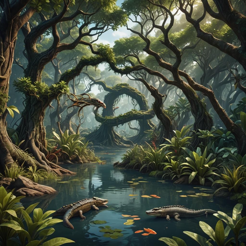 Medieval Mangrove Forest with Tropical Wildlife