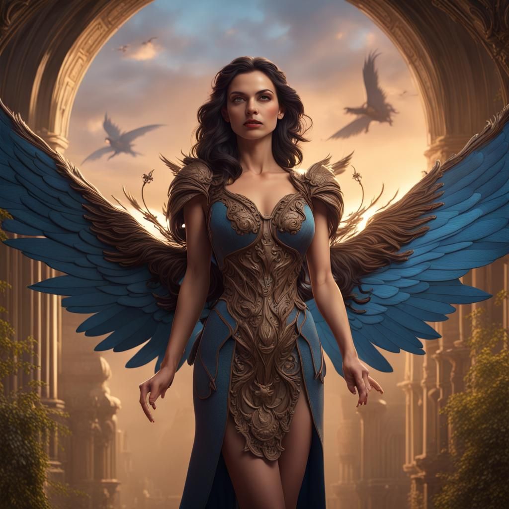 Winged Brunette Woman: Detailed Fantasy Concept Art