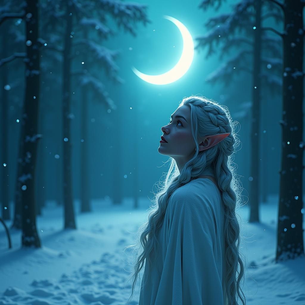 Snow Elf Watching Lunar Eclipse in Winter Forest