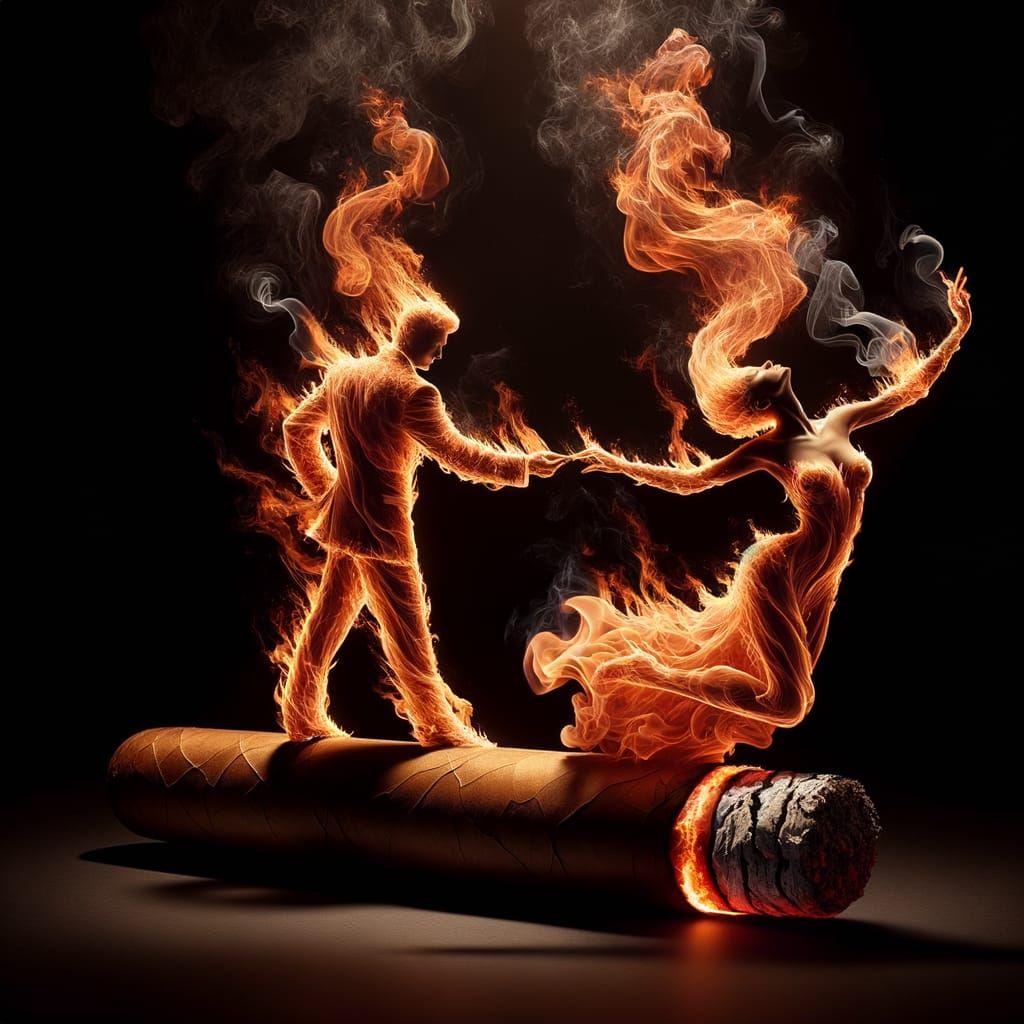 Fiery Cigar Smoke Transforms into Dancing Figures