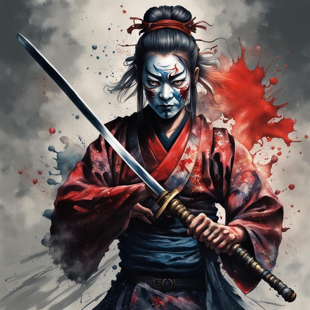 Samurai Woman with Hannya Mask in Hyperrealistic Splash Art