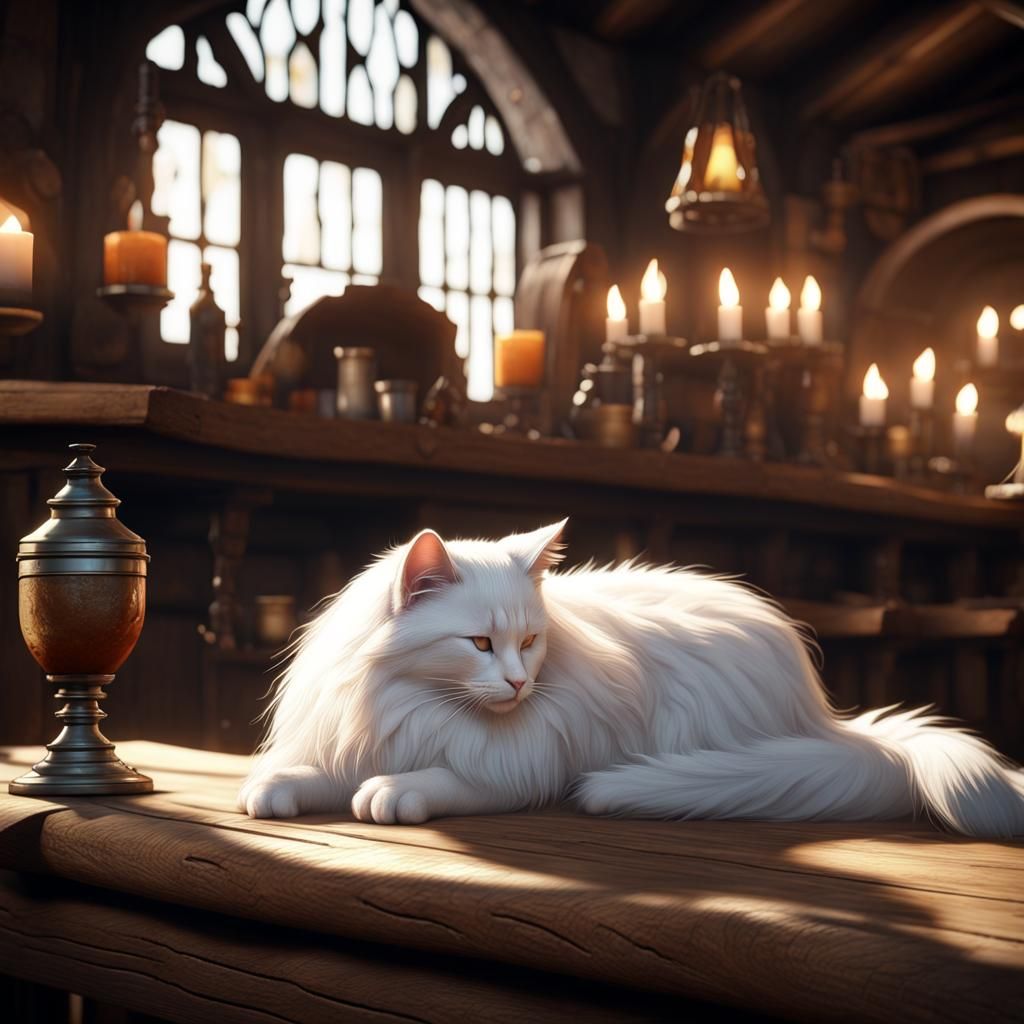 White Cat Napping in Medieval Tavern in 3D Style