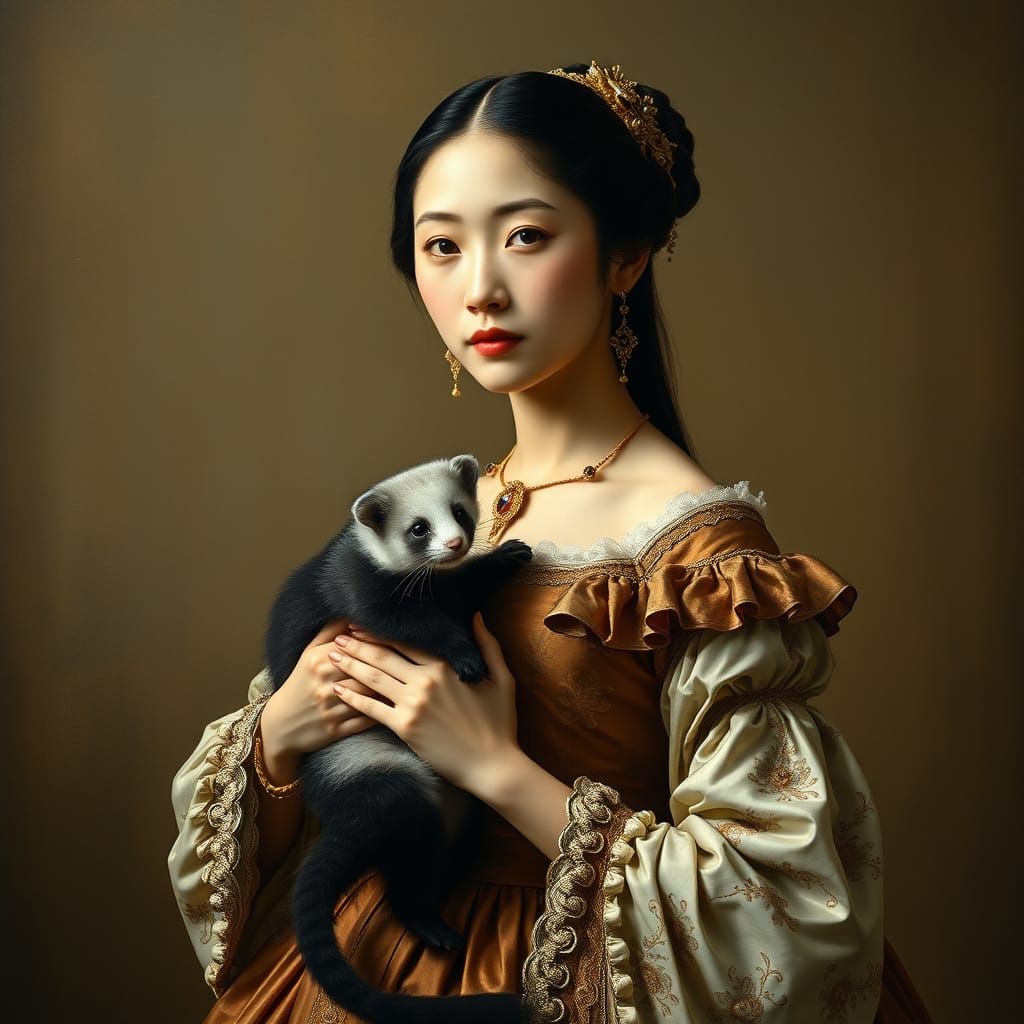 Lady in Renaissance Gown with Ermine, in Sfumato Style