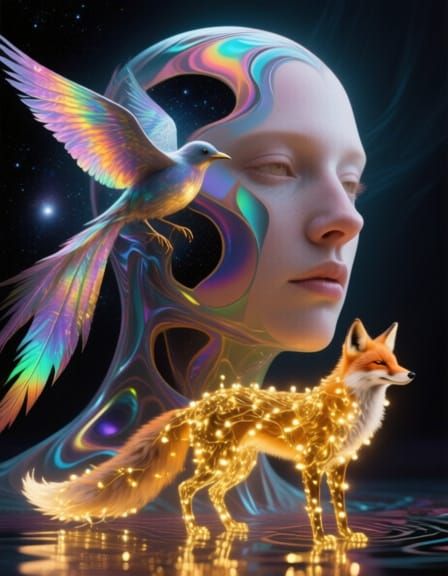 Mystic Abstract Face with Galactic Bird and Fox
