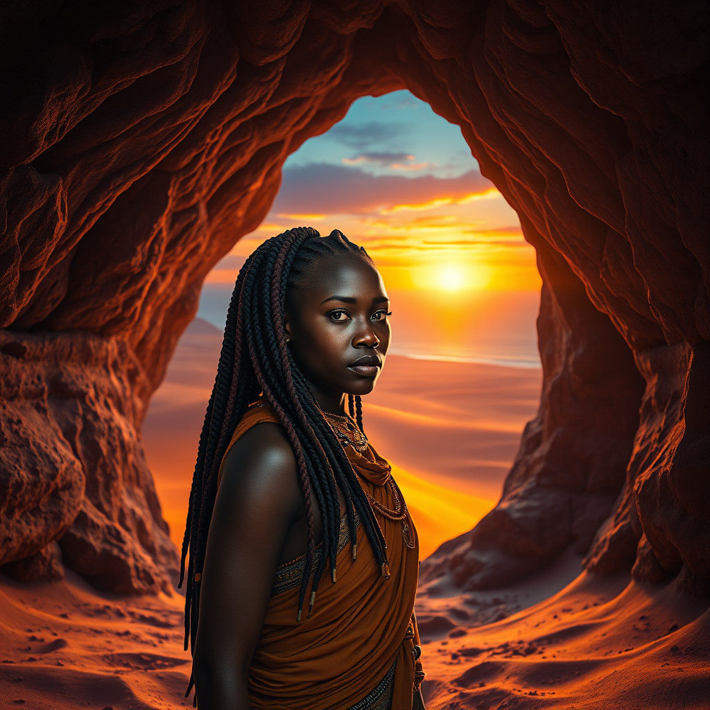 Himba Woman in Desert Cave at Sunset