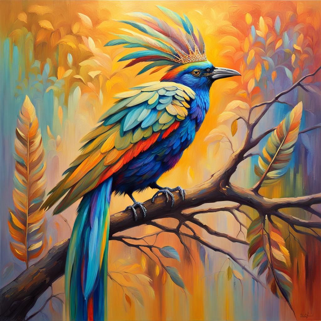 Majestic Bird with Rainbow Feathers: Fauvist Oil Painting