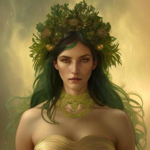 Golden Earth Goddess Portrait in Art Nouveau Style