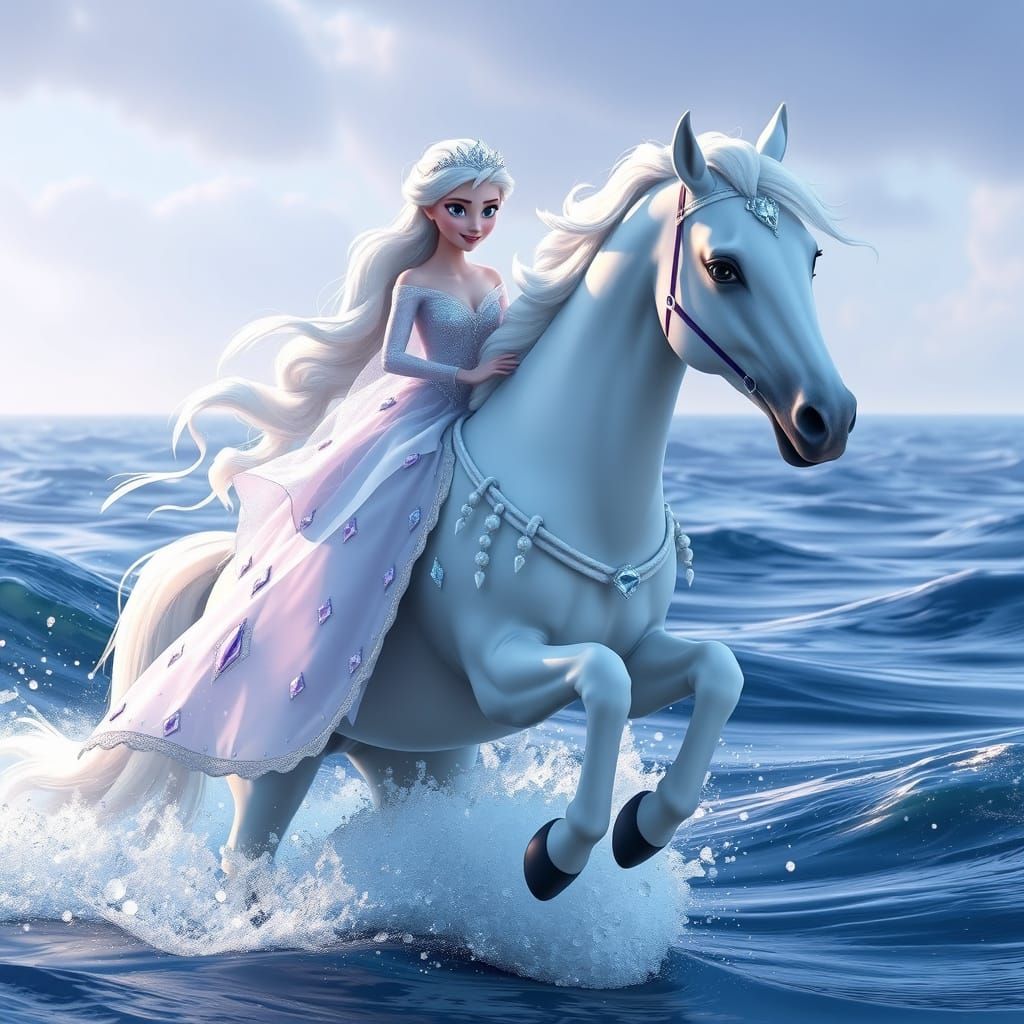 Elsa on Water Horse, Realistic Digital Art