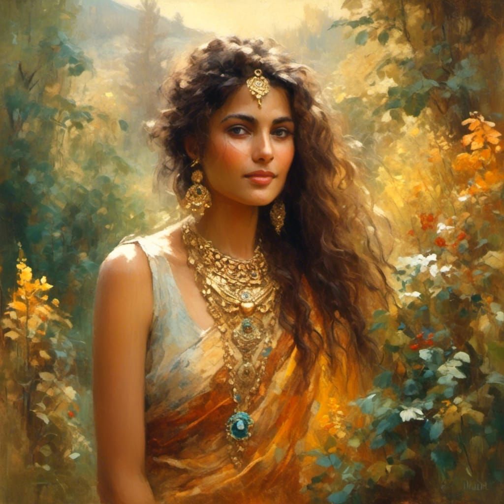 Woman in Sari with Gold Jewelry, Klimt and Mucha Style