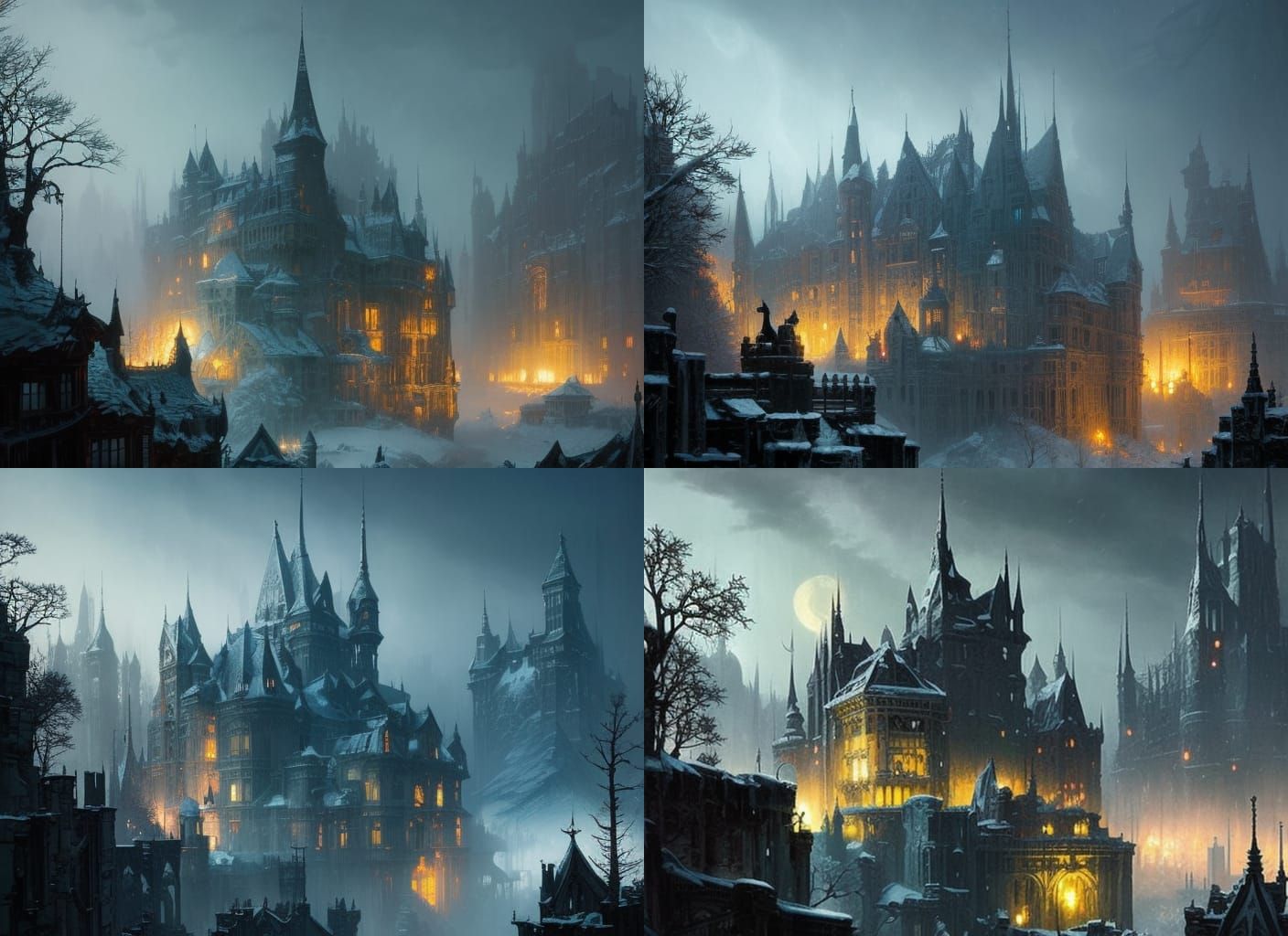 Bleak Winter Castle Overlooks Frozen Cityscape