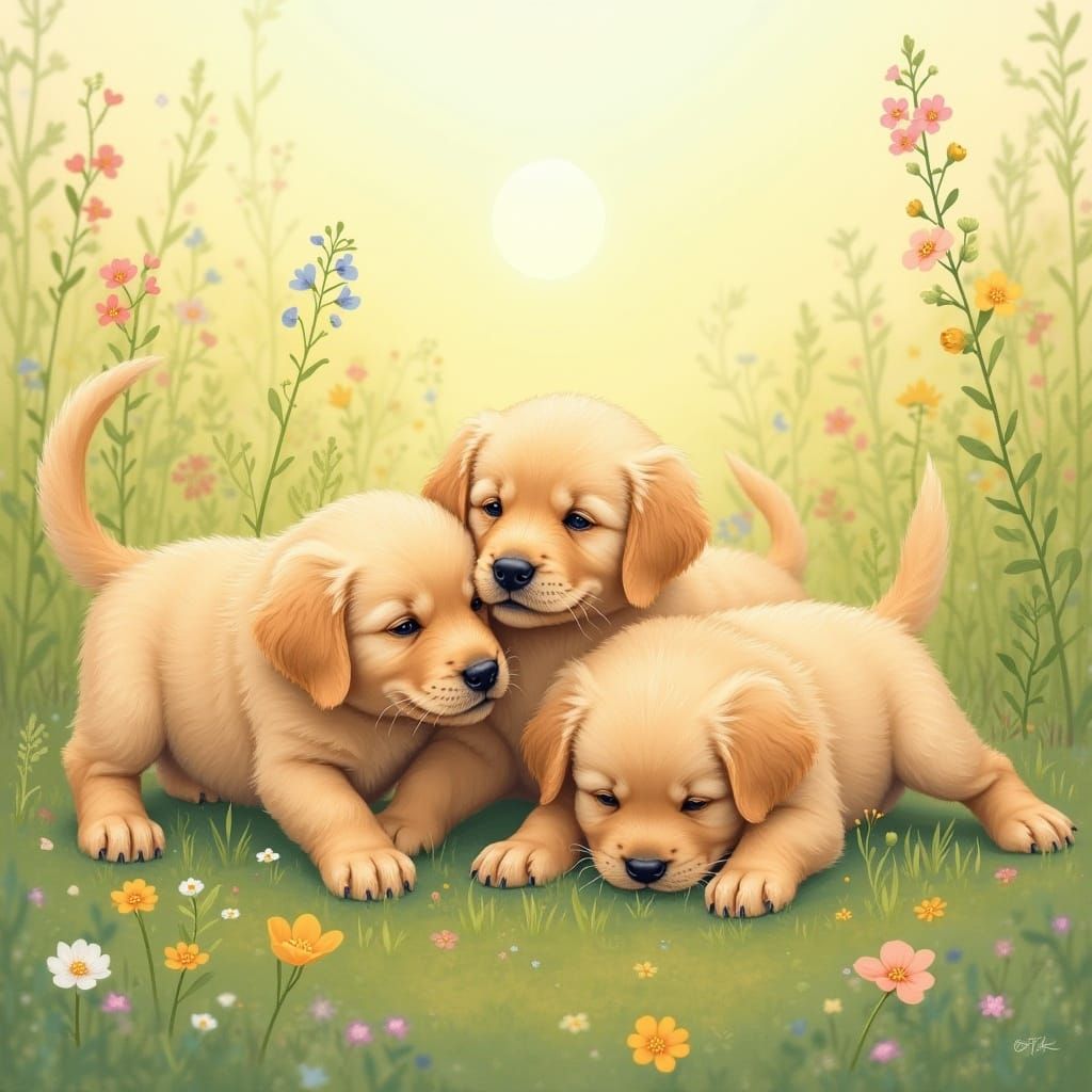Golden Retriever Puppies Play in Sunny Meadow
