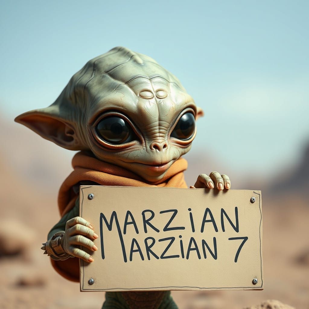 Little Alien Holding a Marzian 7 Sign in Hyperrealistic Styl...