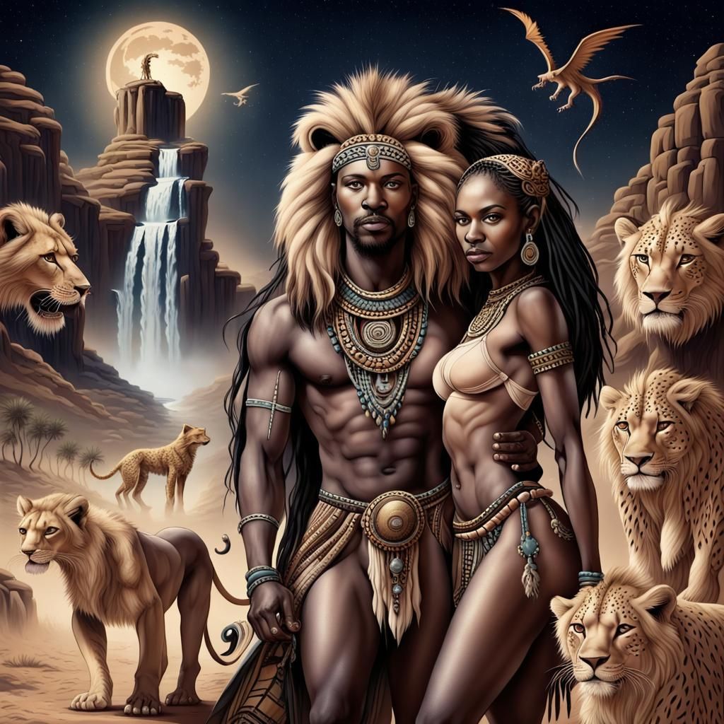 African Tribal Couple with Lions in Starry Desert