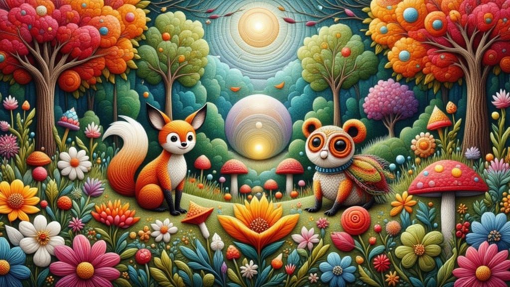 Felted Animals Play in Psychedelic Rainbow Forest