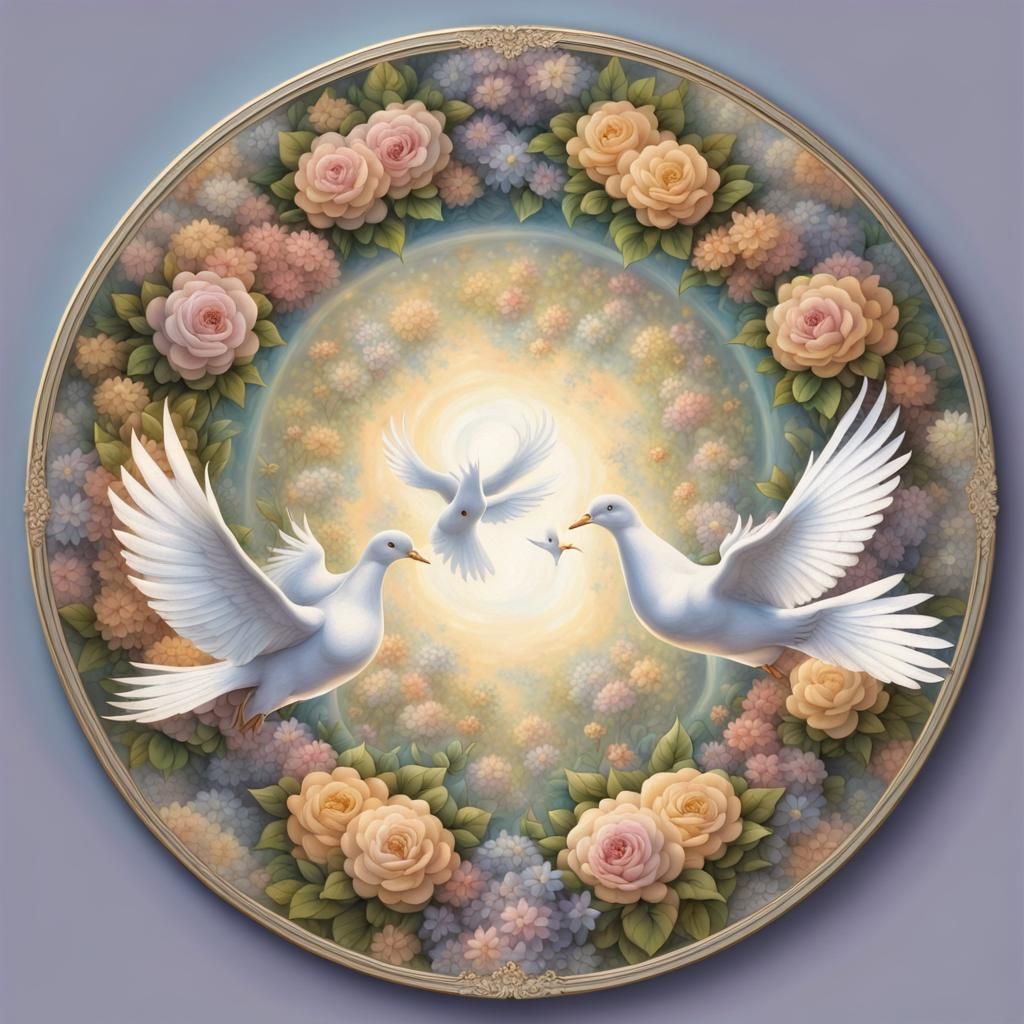 Ethereal Mandala with Doves and Flowers
