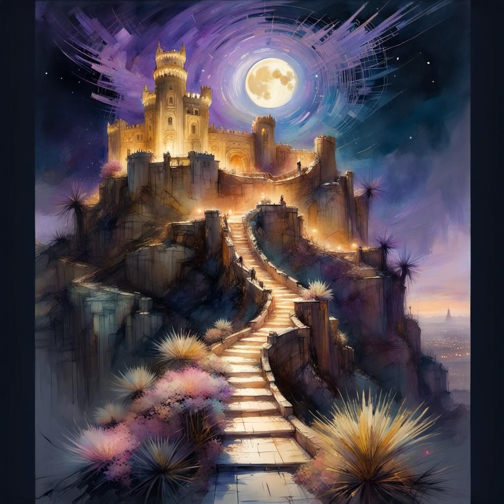 Fortress Maze Under Golden Moonlit Sky