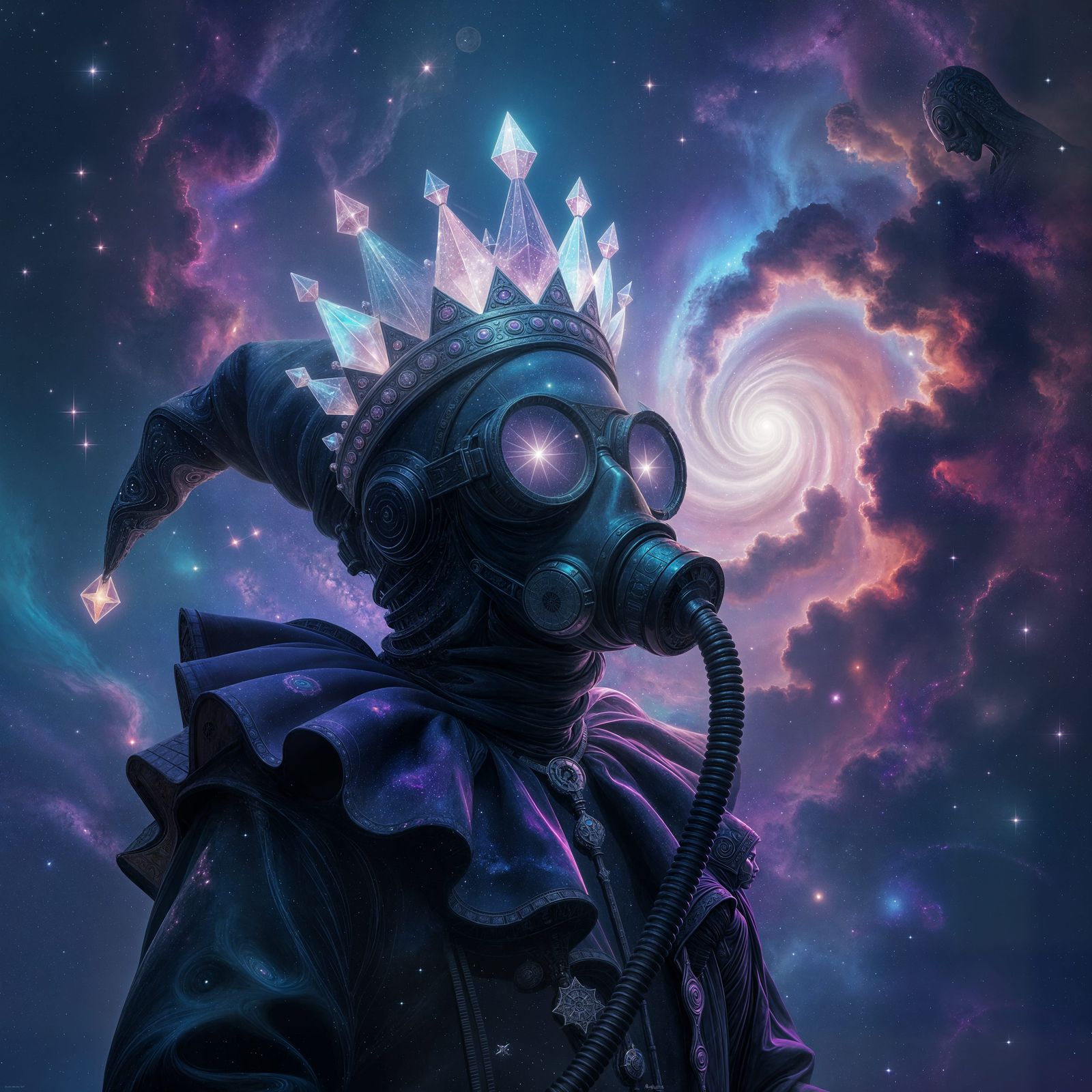 Cosmic Jester with Crystal Crown in Starlit Nebula